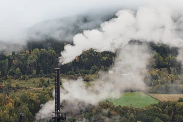 Blick auf einen qualmenden Fabrikschornstein in ländlicher Umgebung/Wald